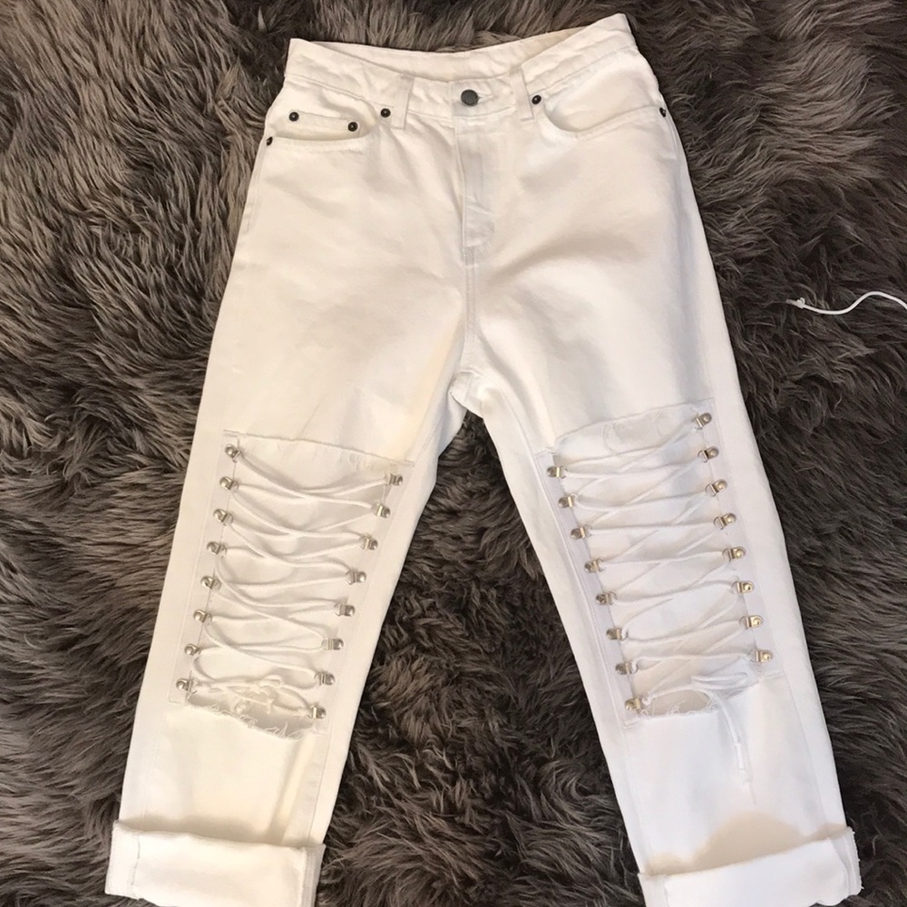 Lace up white jeans